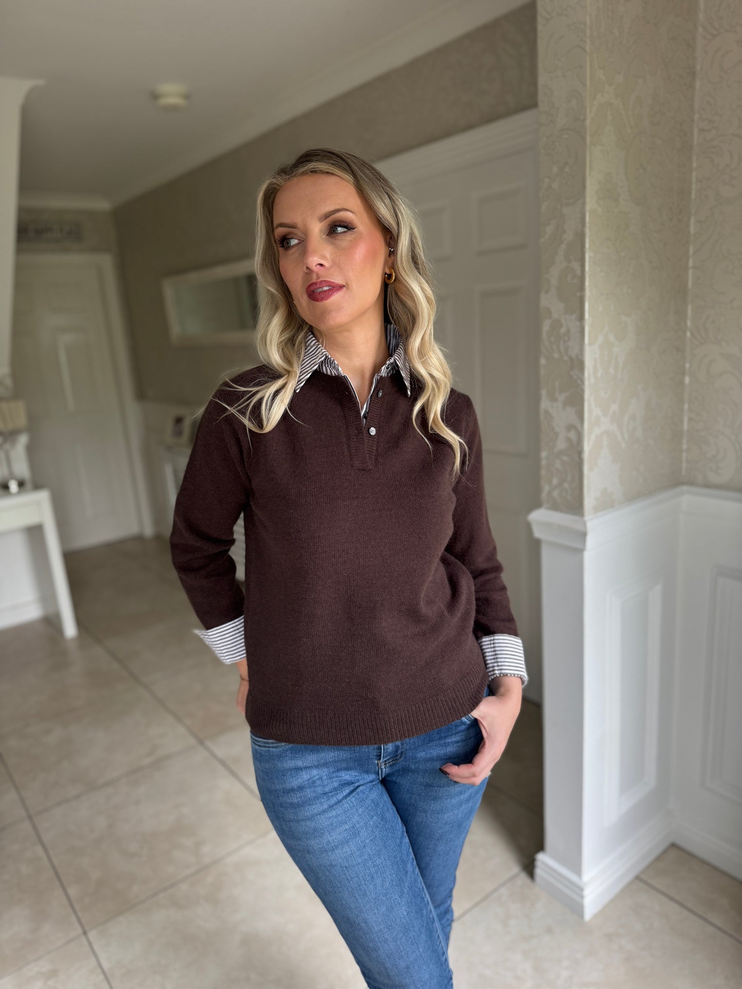Collared Knit Jumper- Chocolate Brown