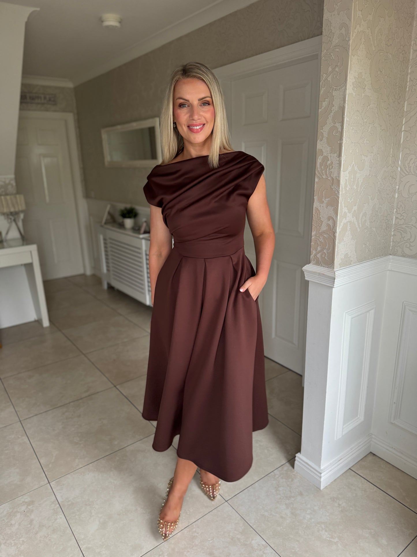 Betty Asymmetric Neckline Floral Skater Midi Dress Brown