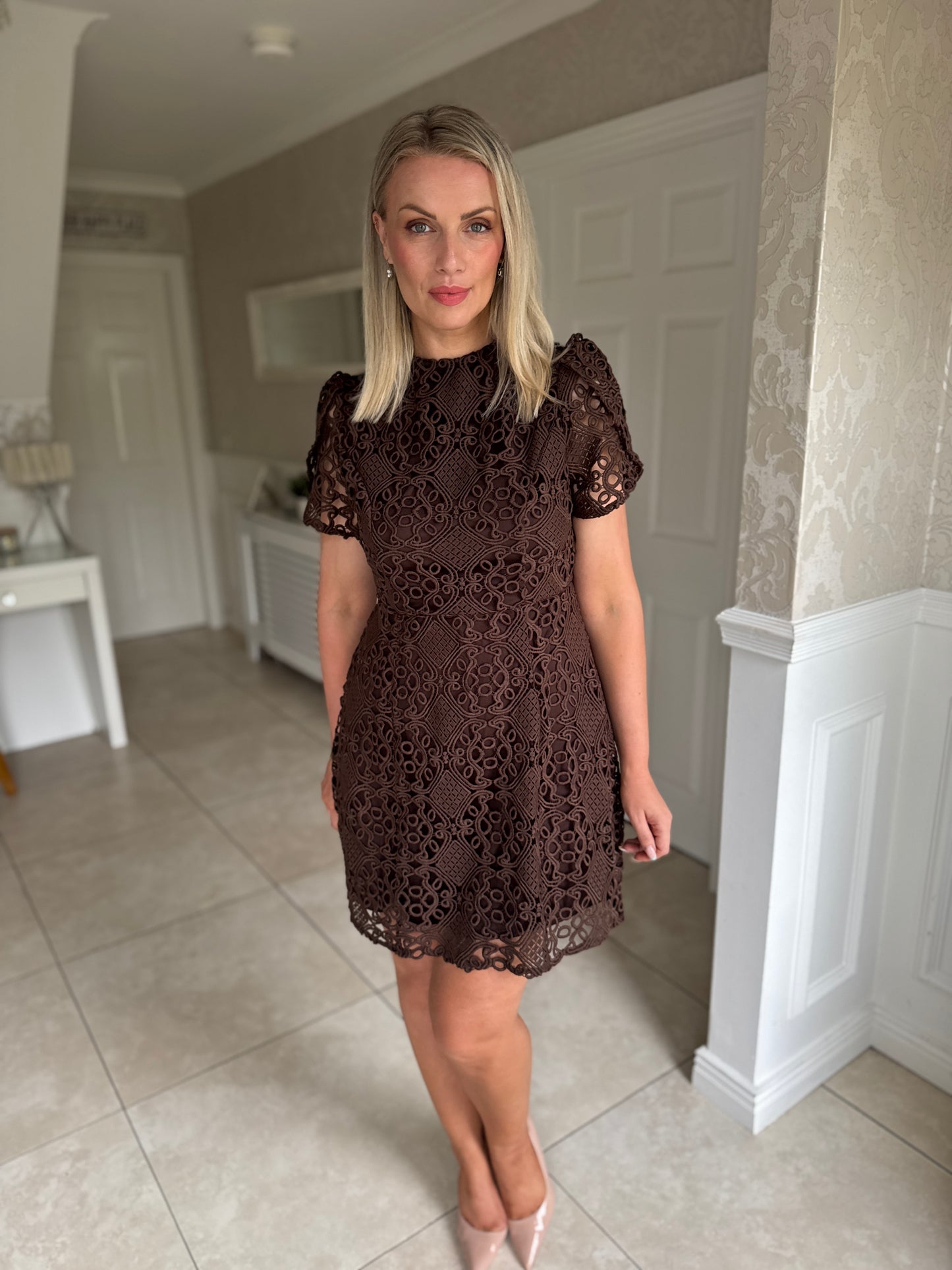 Ami Corded Lace Tulip Sleeve Mini Dress Brown