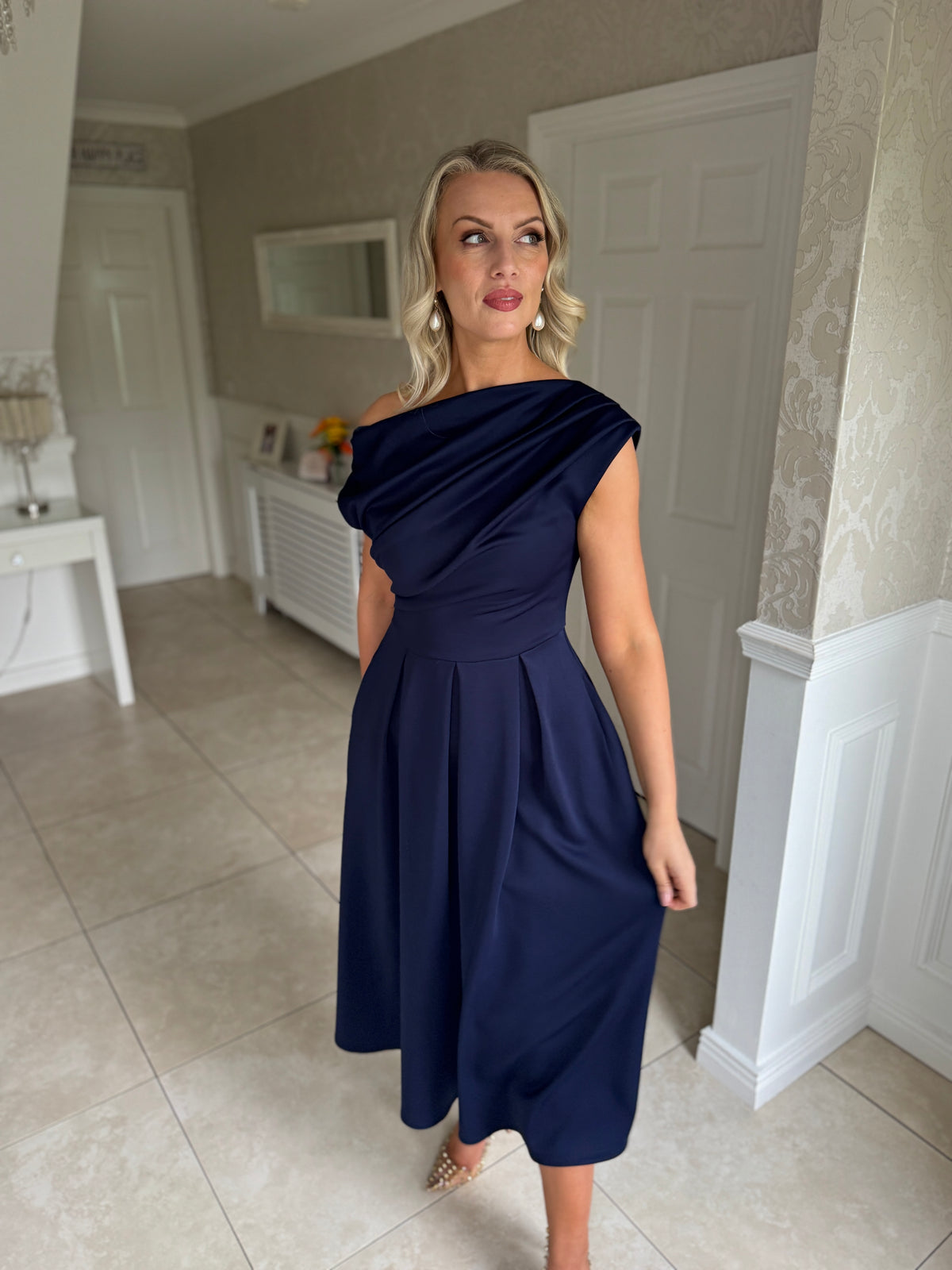 Betty Asymmetric Neckline Skater Midi Navy