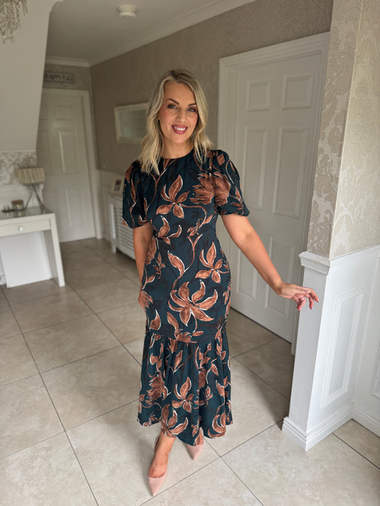 Briege Green Puff Sleeve Floral Ruffle Hem Midi Dress