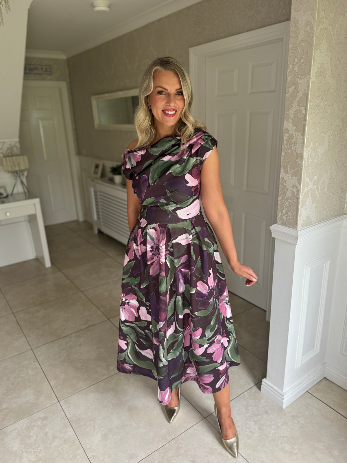 Betty Asymmetric Neckline Large Floral Skater Midi Dress Vintage Berry