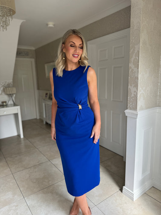 Louisa Gold Buckle Wrap detail Midi Dress Cobalt