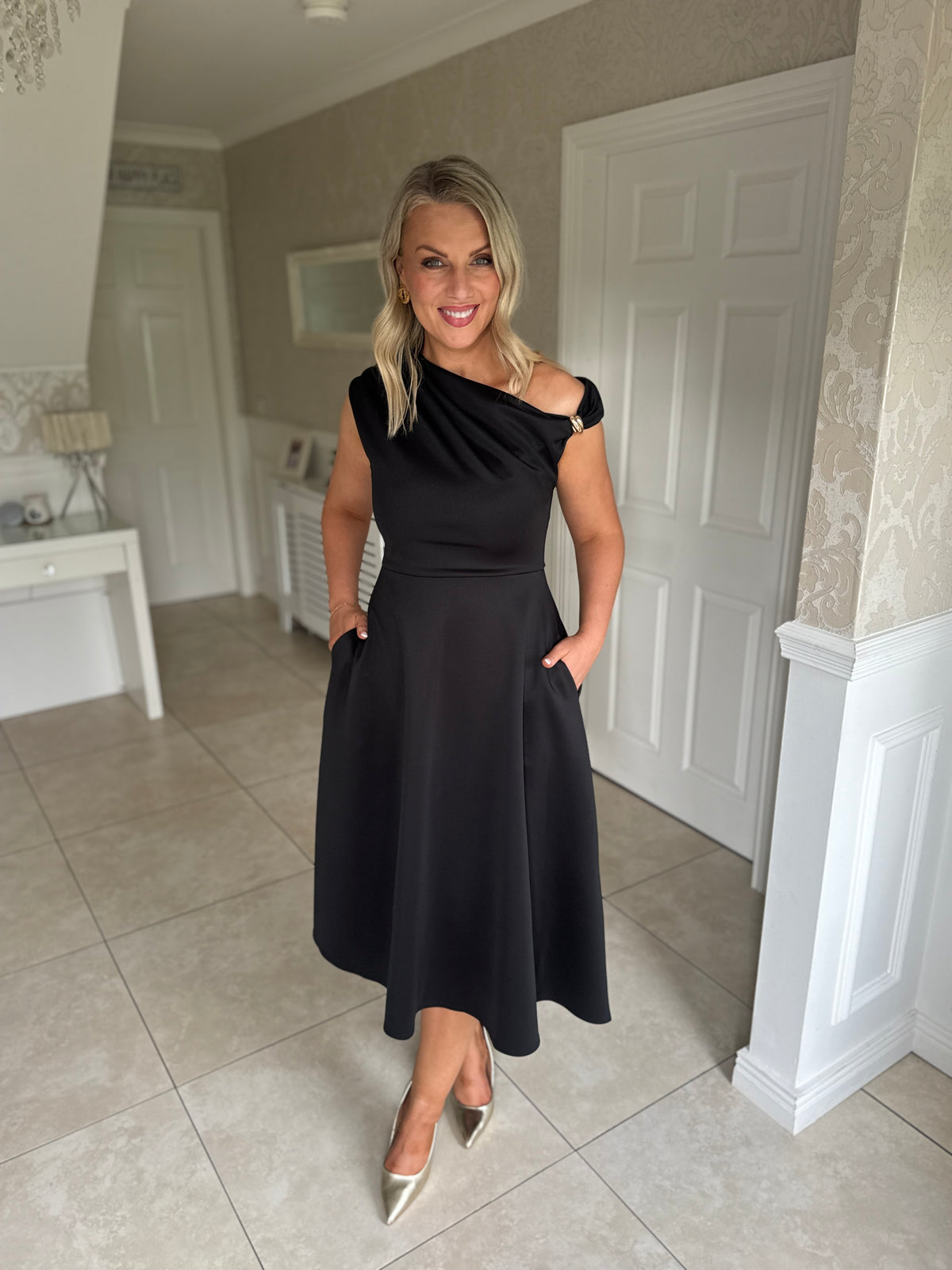 Tillie Gold Trim Asymmetric Neck Midi Dress Black