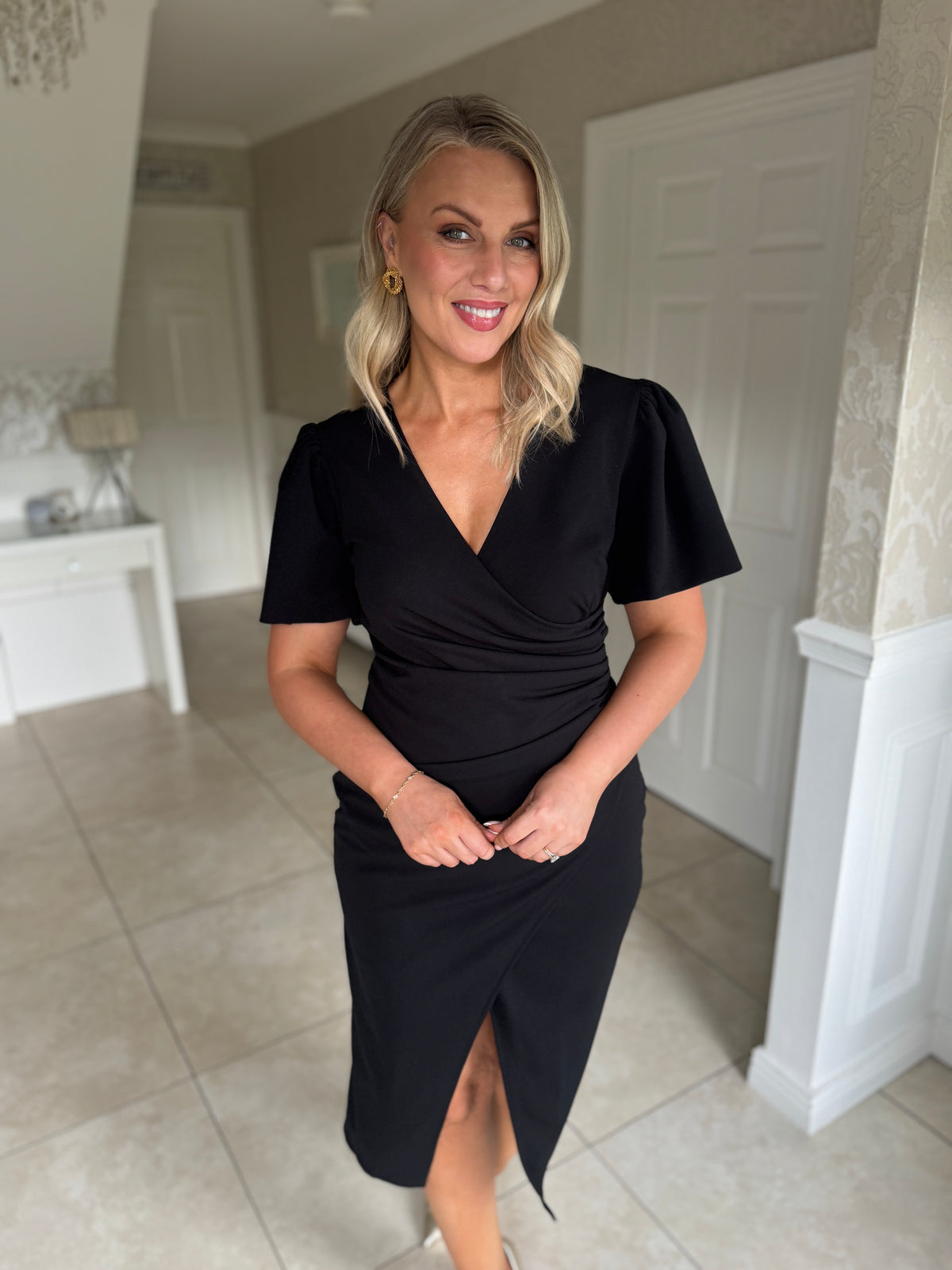 Freya Puff Sleeve Wrap Neck Ruched Midi Black