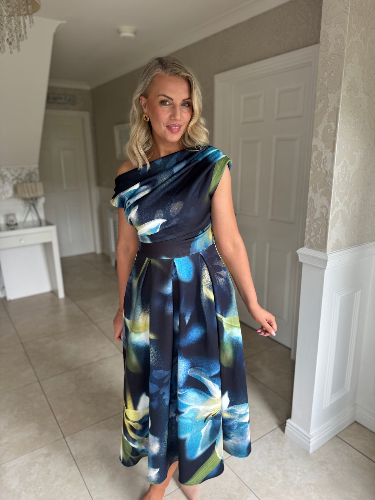 Betty Asymmetric Neckline Large Floral Skater Midi Dress Sapphire Blue