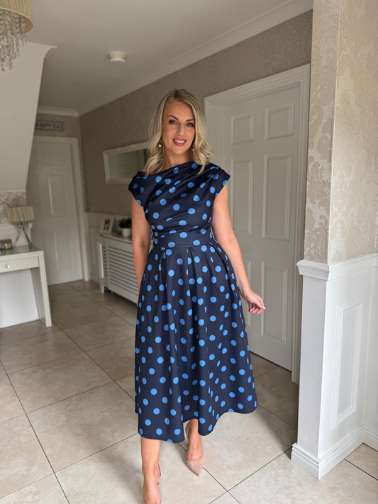 Betty Asymmetric Neckline Floral Skater Midi Dress Navy Polka