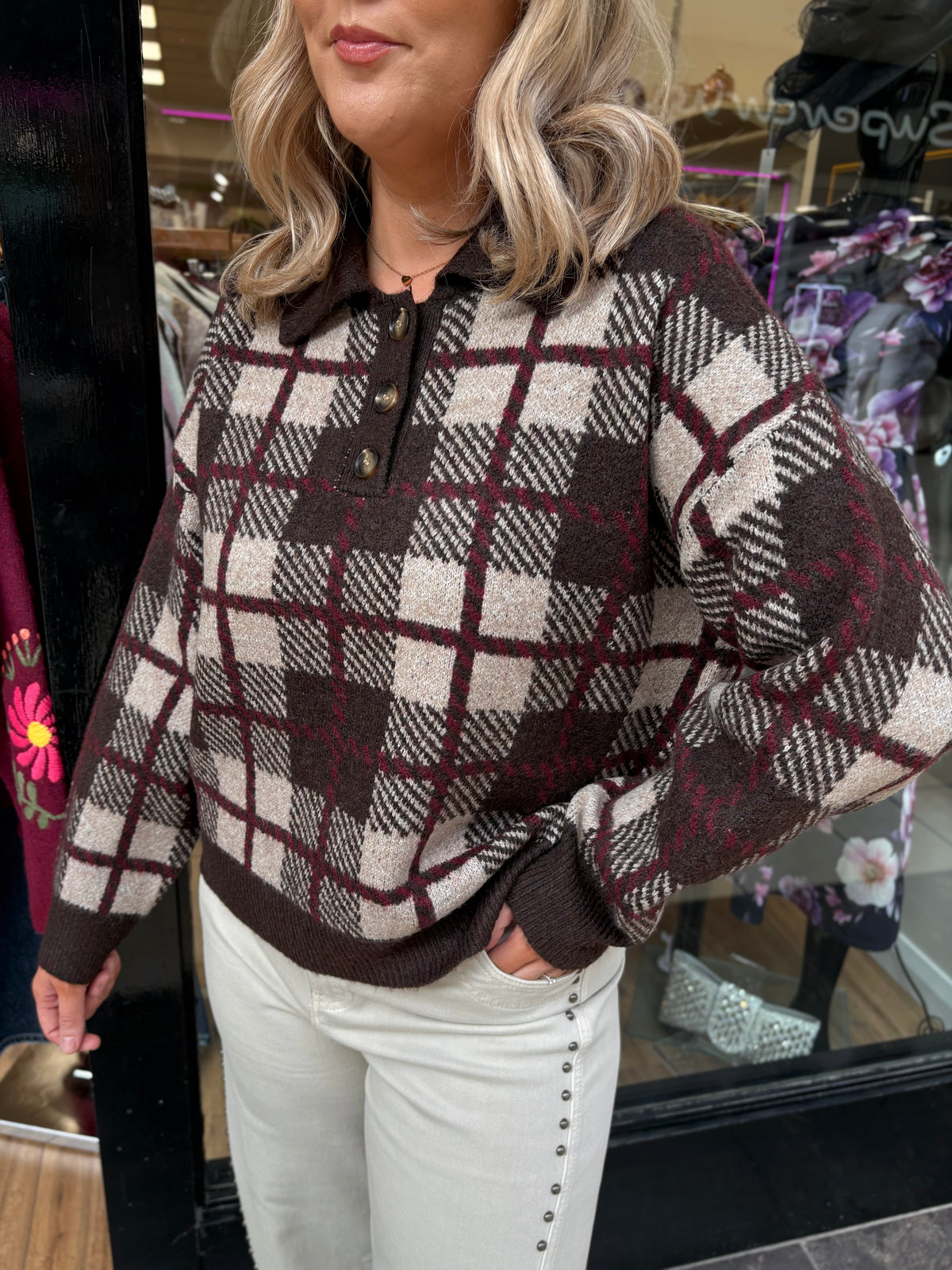 Check Collared Knit- Choco