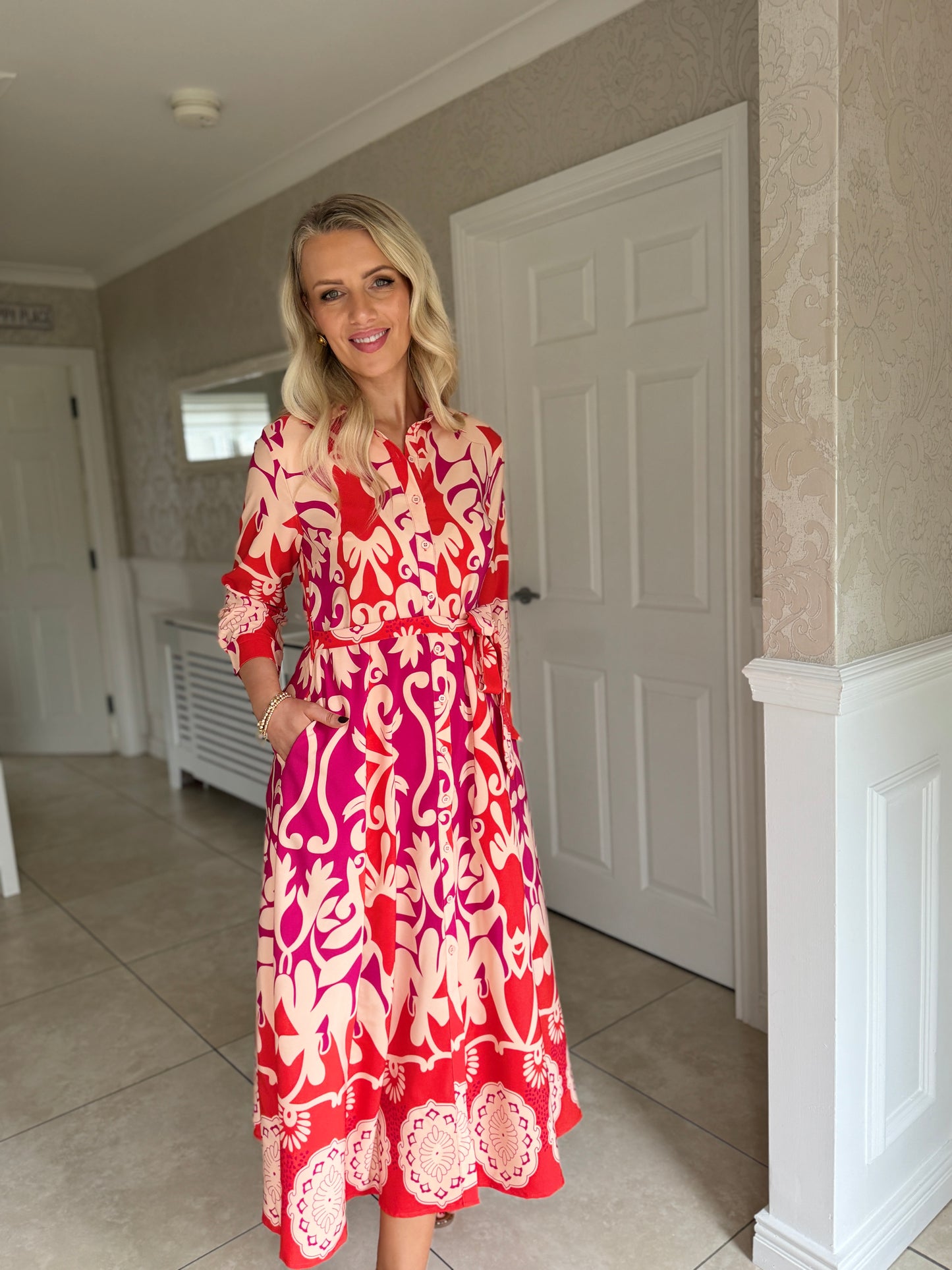 Angela Red Abstract Shirt Dress