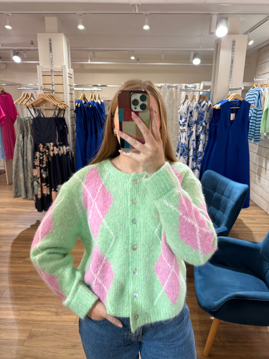 Argyle Wool Cardigan- Green & Pink
