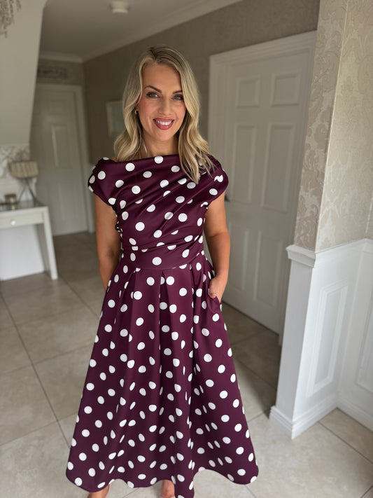 Betty Asymmetric Neckline Skater Midi Dress Berry Polka