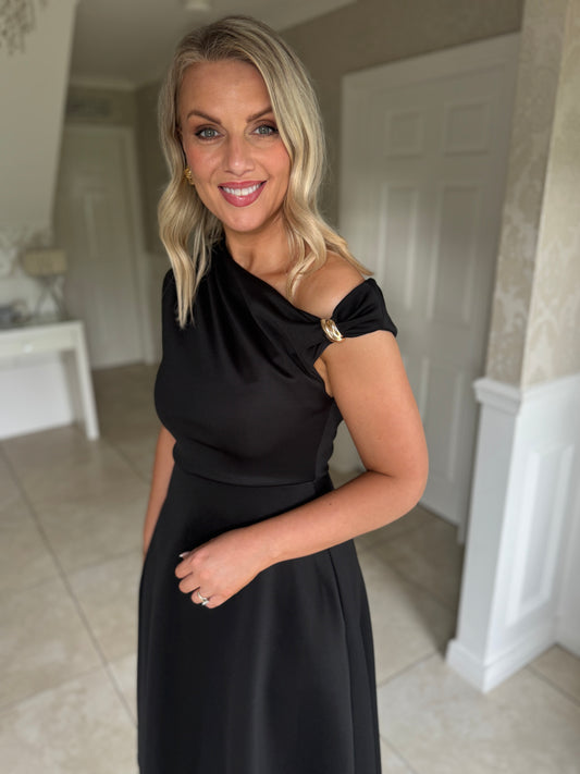 Tillie Gold Trim Asymmetric Neck Midi Dress Black