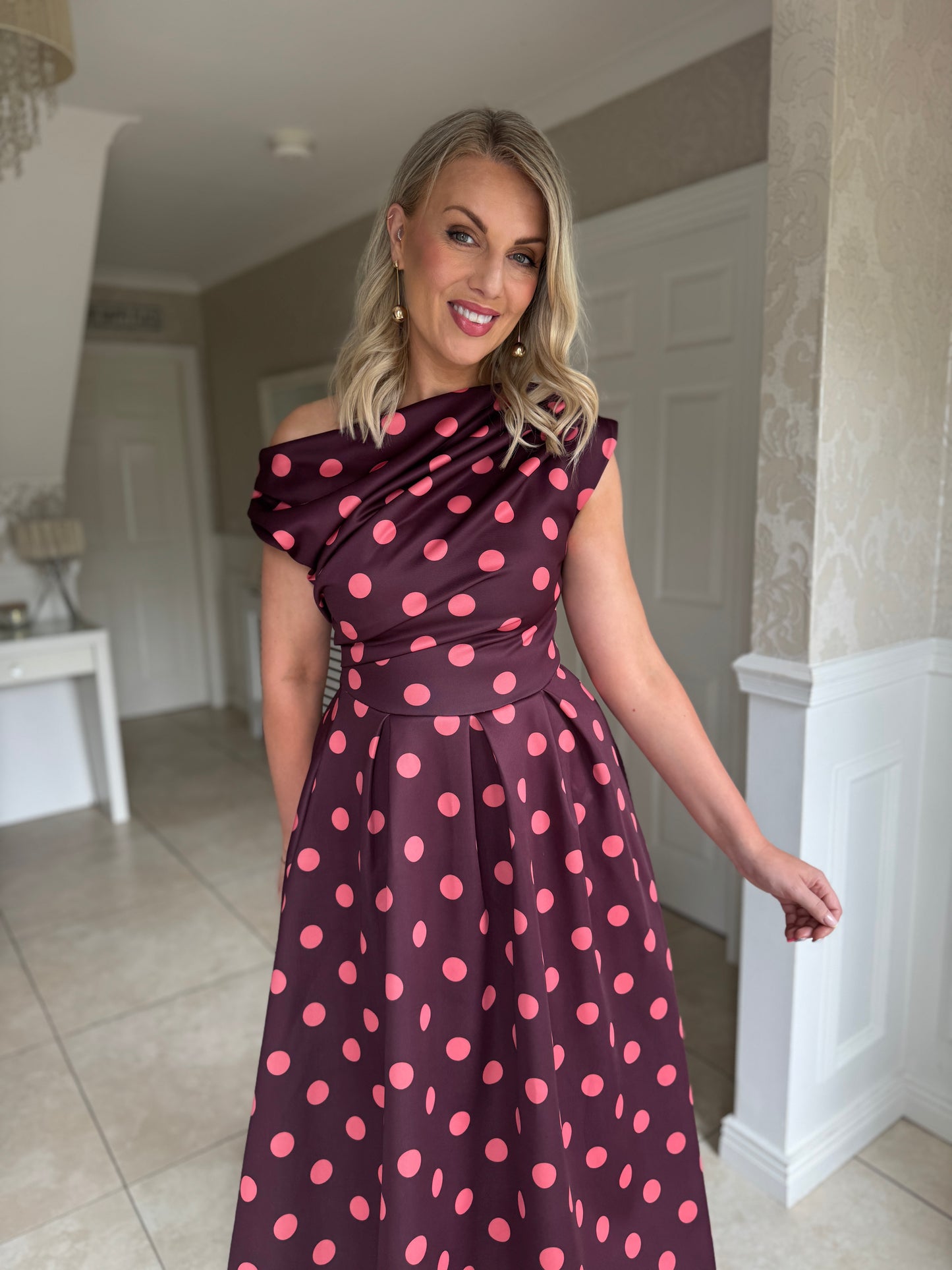 Betty Asymmetric Neckline Floral Skater Midi Dress Pink Polka