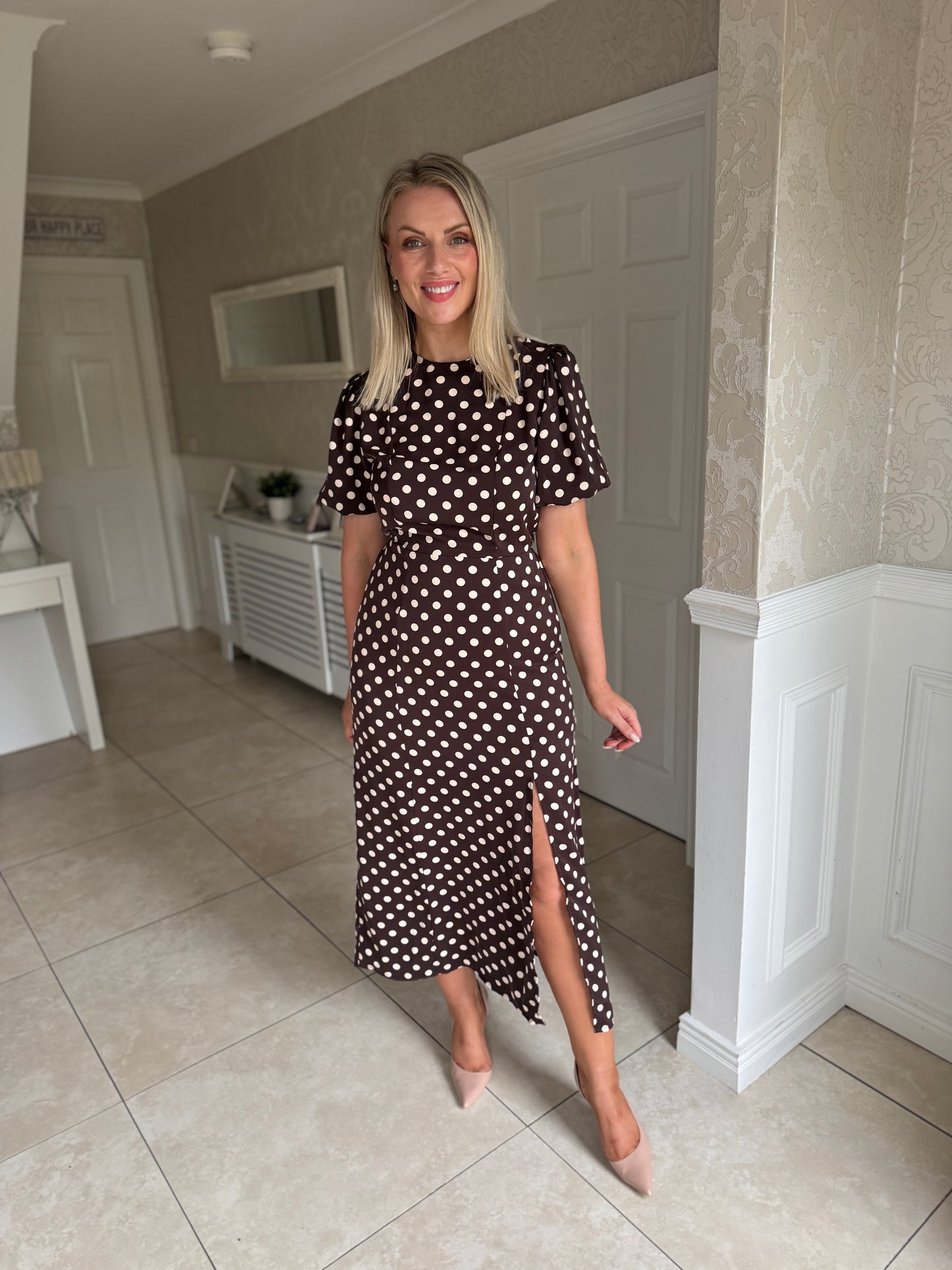Chocolate Polka Dot Print Puff Sleeve Midi Dress