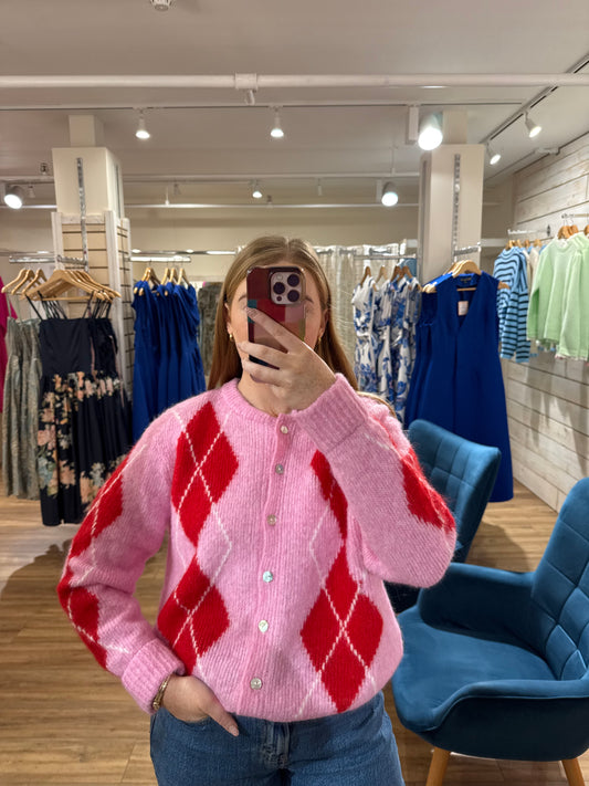 Argyle Wool Cardigan- Pink & Red