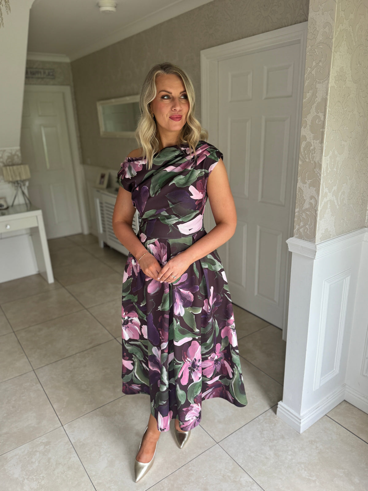Betty Asymmetric Neckline Large Floral Skater Midi Dress Vintage Berry