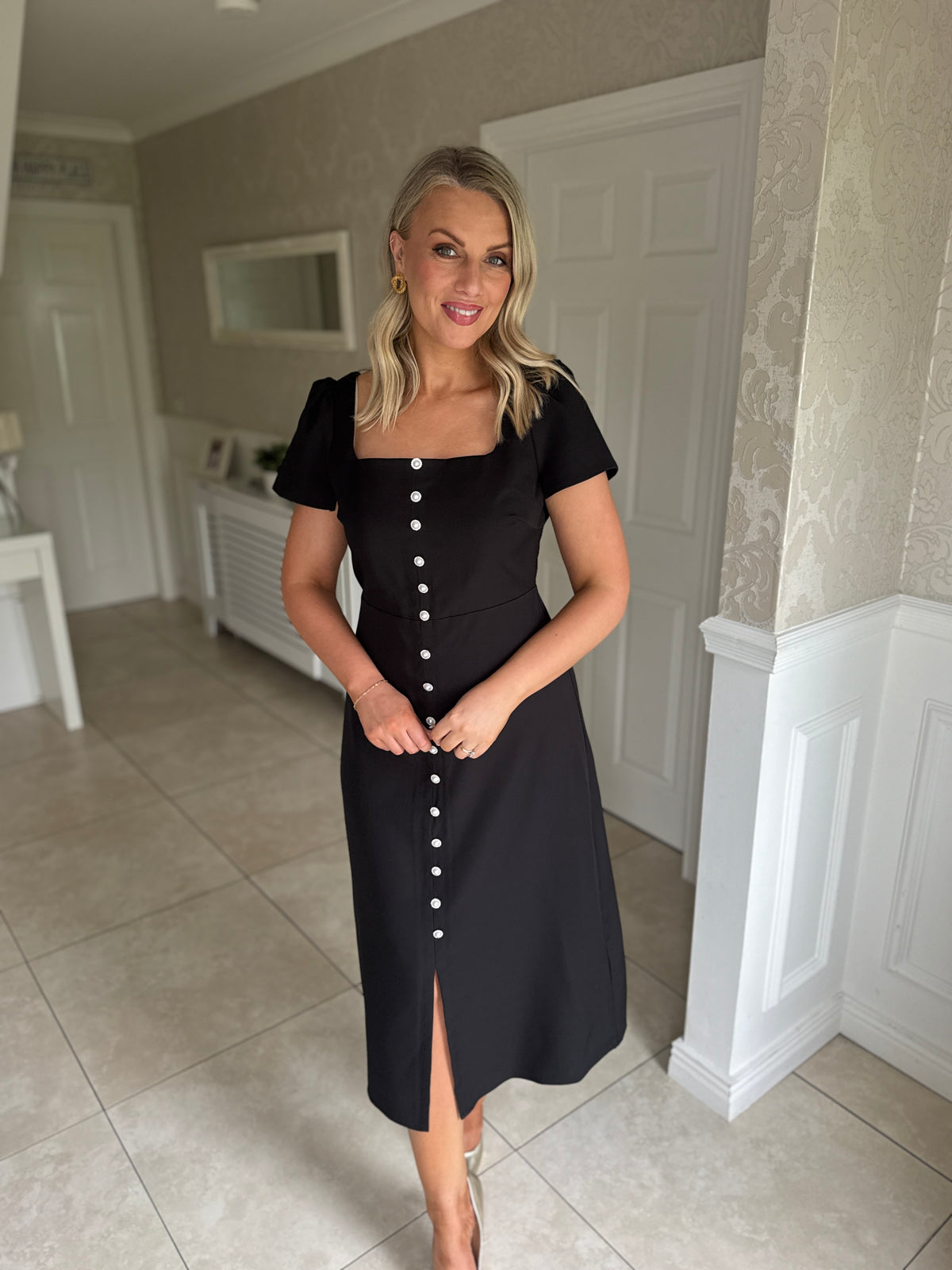 Aliya Pearl Button Midi Dress Black
