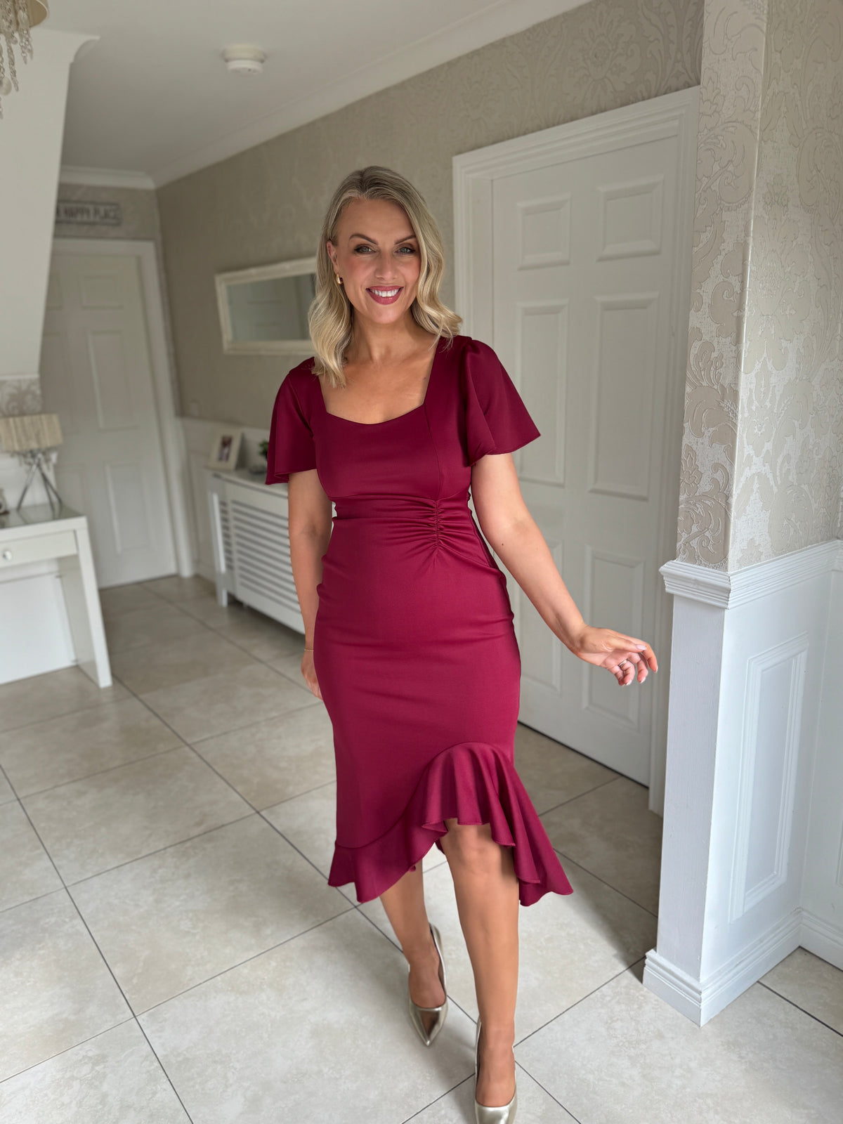 Leona Square Neck Frill Midi Dress Wine
