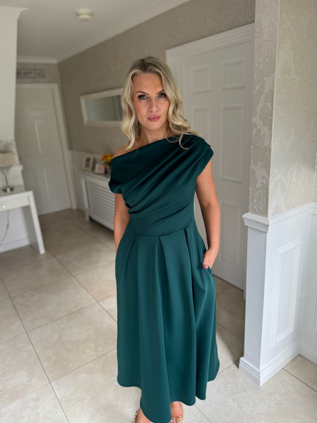 Betty Asymmetric Neckline Skater Midi Emerald
