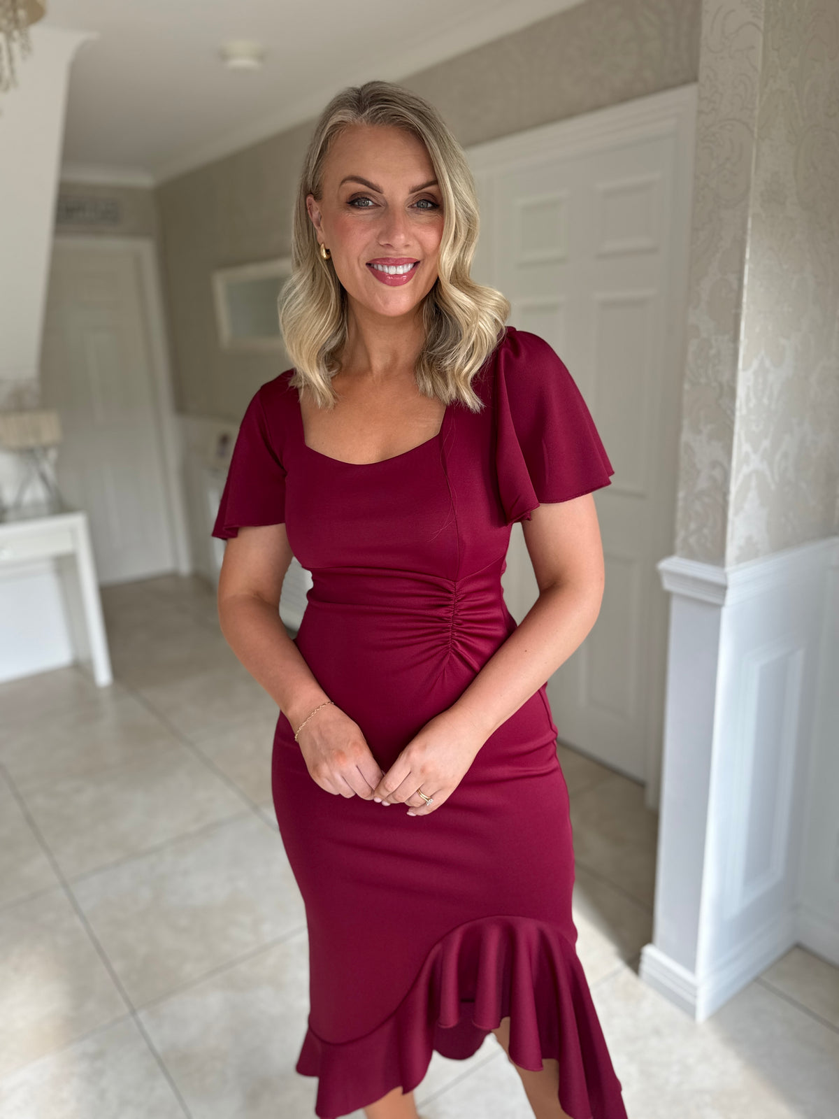 Leona Square Neck Frill Midi Dress Wine
