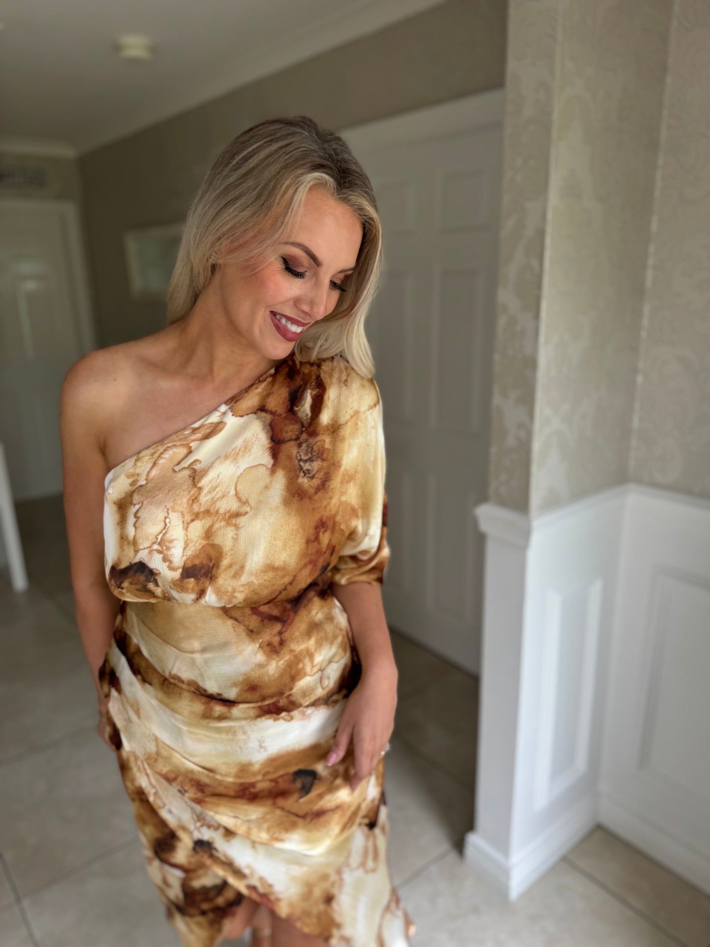 Ira One Shoulder Wrap Skirt Midi Dress Gold Print