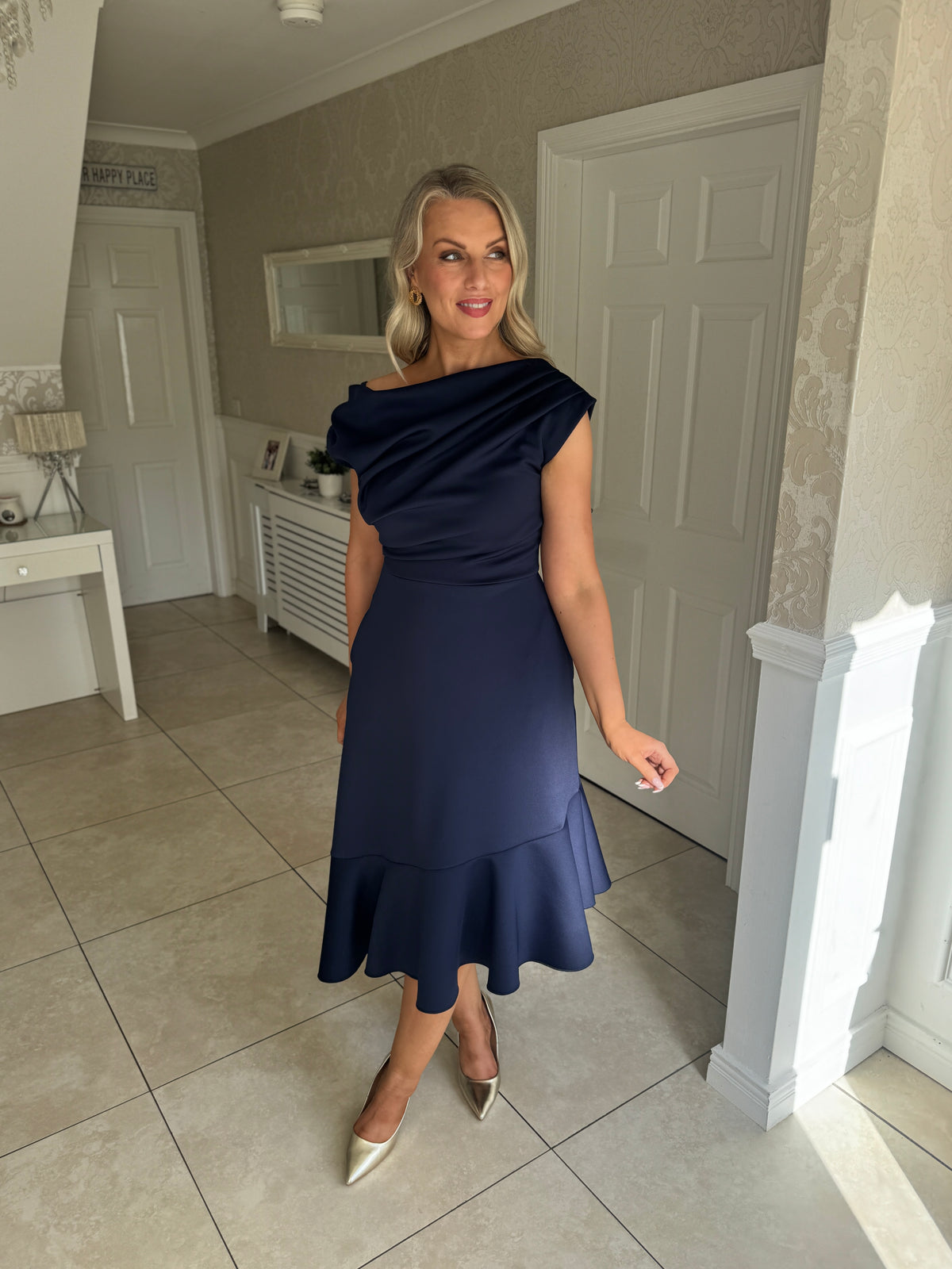 Felicity Asymmetric Frill Midi Dress Navy