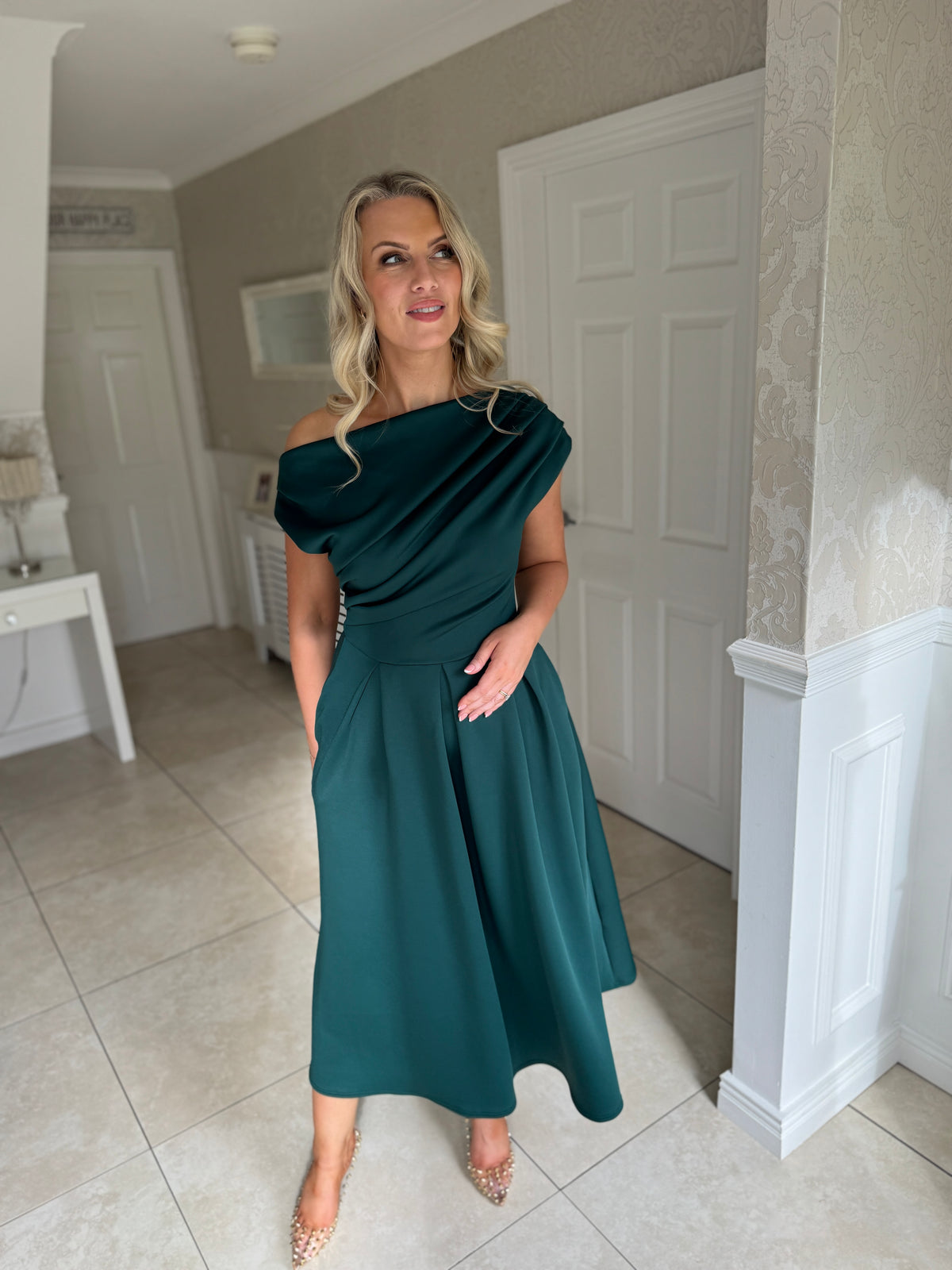 Betty Asymmetric Neckline Skater Midi Emerald