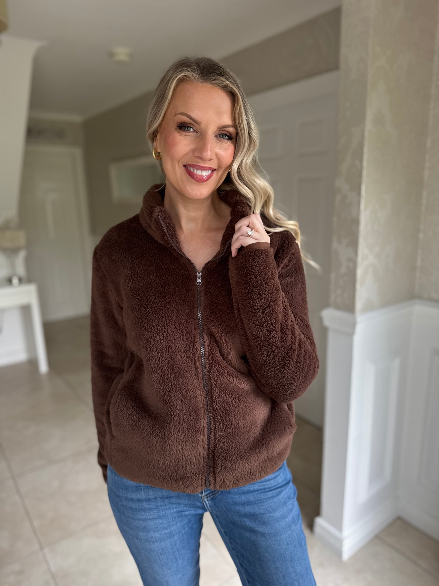 Teddy Fleece Bomber Jacket-Espresso