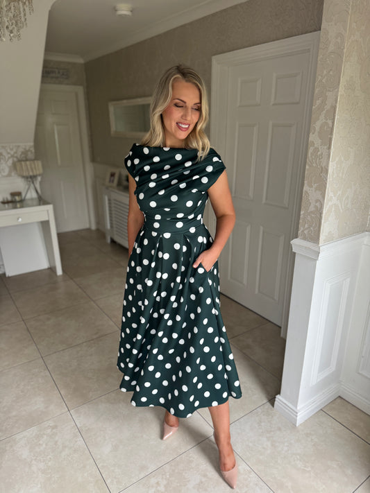 Betty Asymmetric Neckline Skater Midi Dress Green Polka