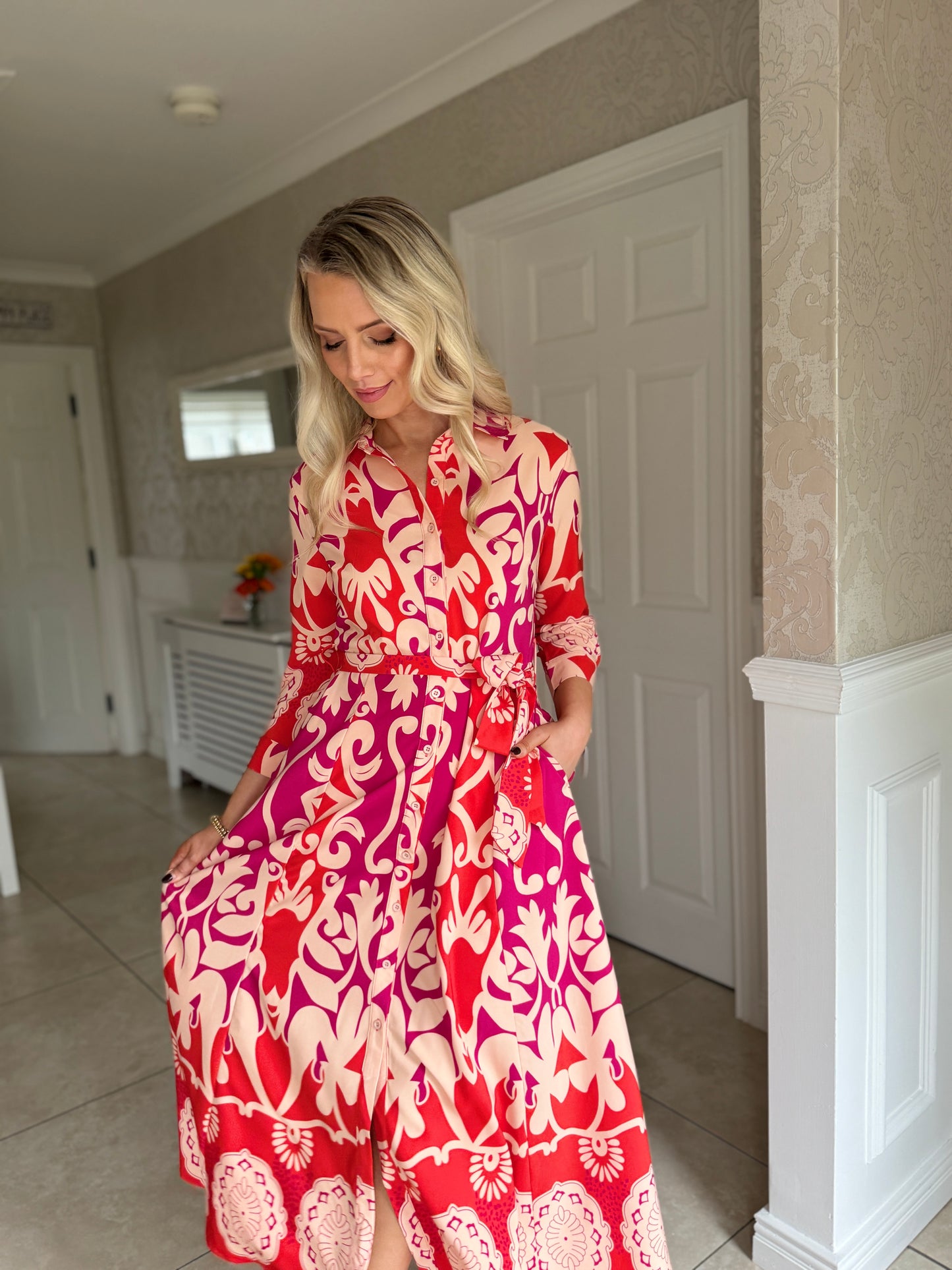 Angela Red Abstract Shirt Dress