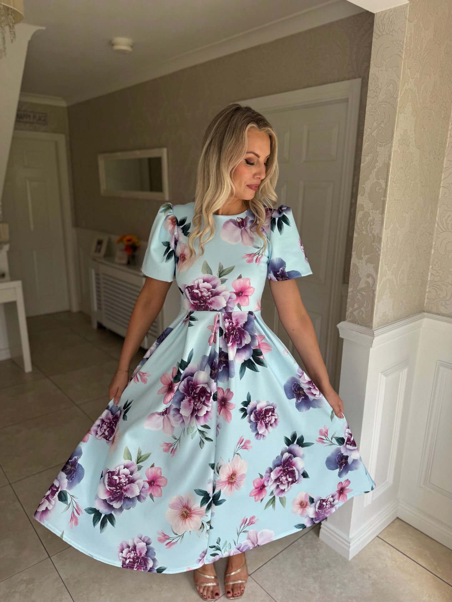 Elowin Statement Sleeve Skater Midi Dress Blue Floral