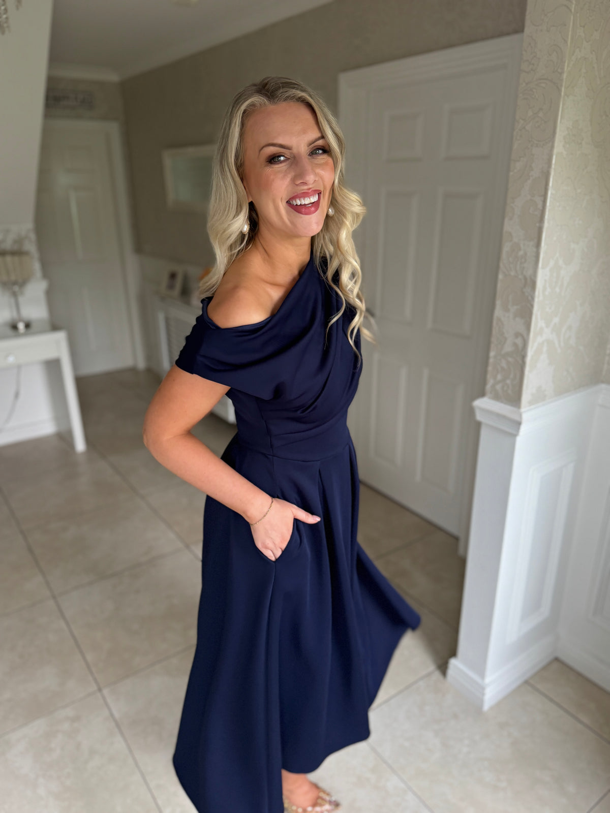 Betty Asymmetric Neckline Skater Midi Navy