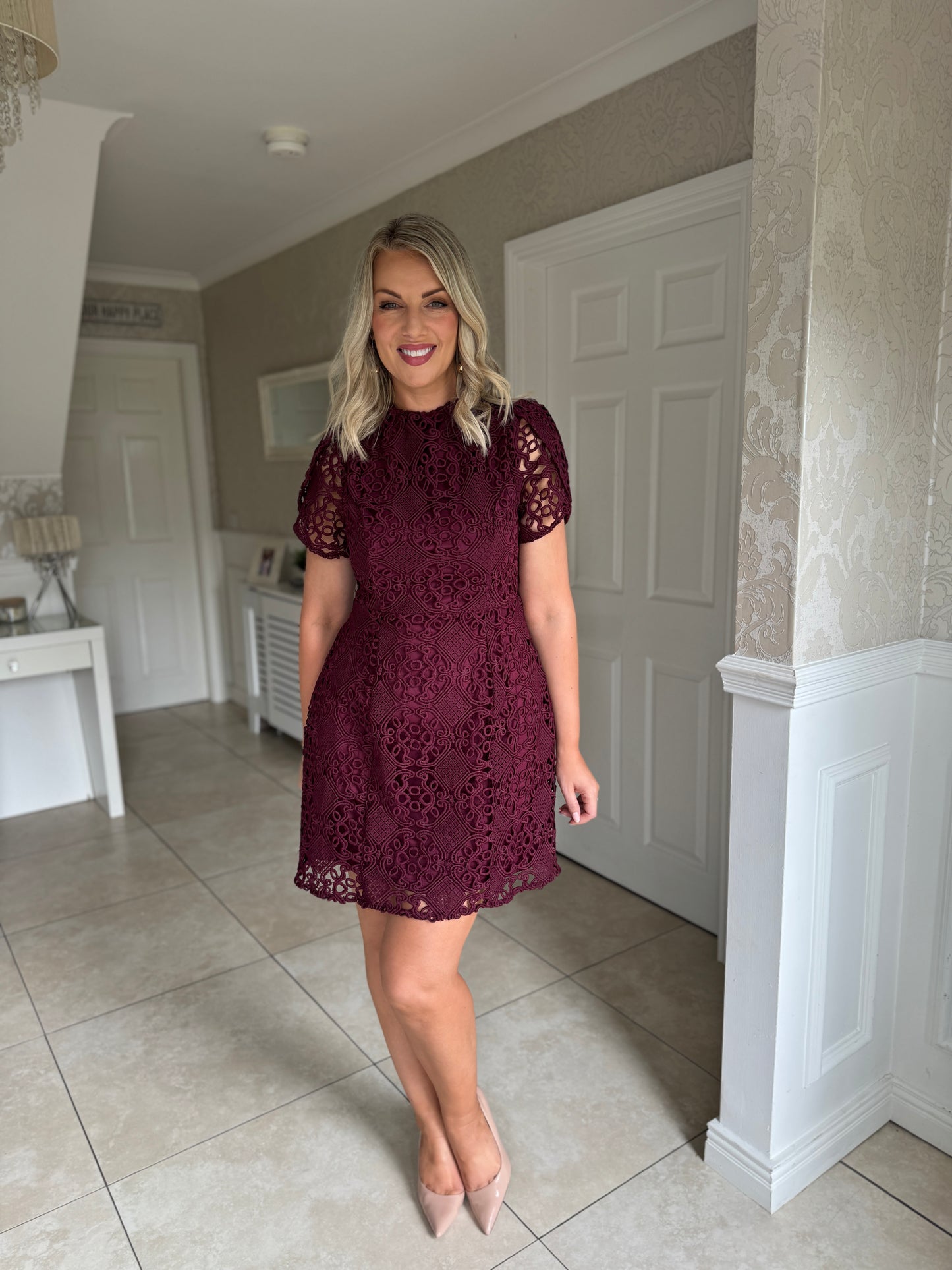 Ami Corded Lace Tulip Sleeve Mini Dress Plum