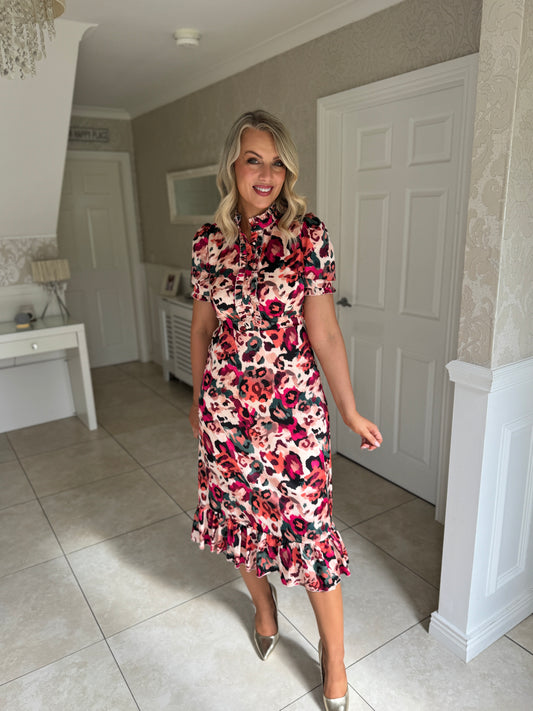 Kirsty Ruffle Hem Midi Dress Pink Leopard