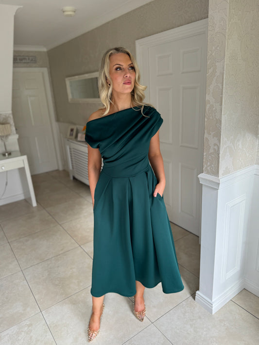 Betty Asymmetric Neckline Skater Midi Emerald