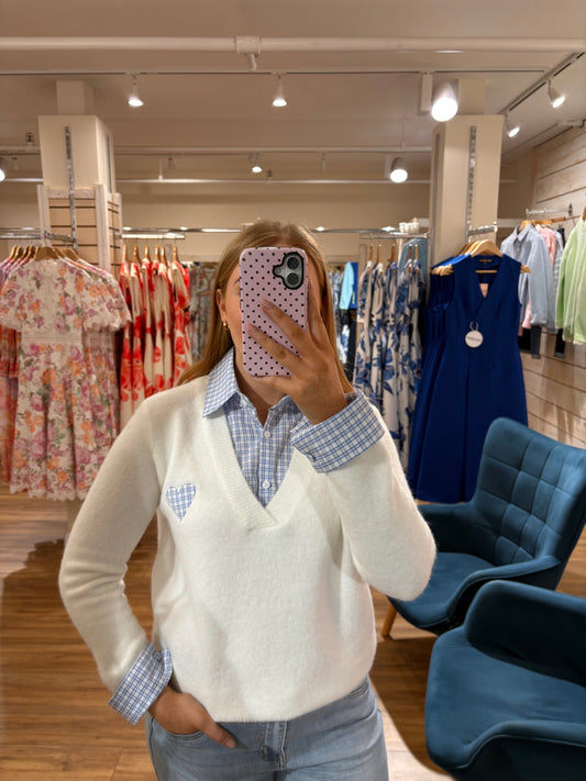 Gingham Collared Knit Jumper- White