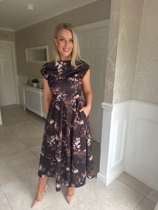 Betty Asymmetric Neckline Floral Skater Midi Dress Brown Floral