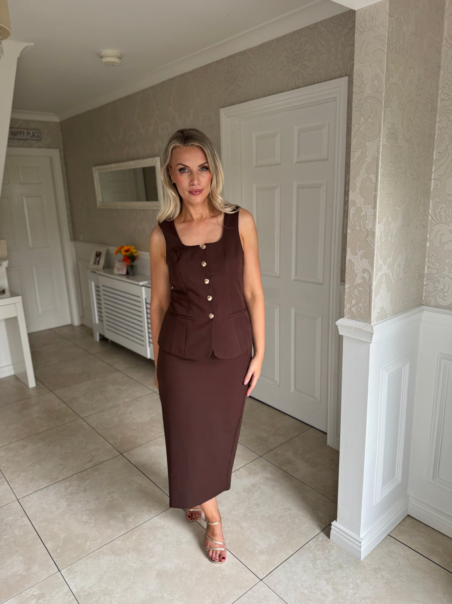 Vicky Reversible Tailored Midi Skirt Brown