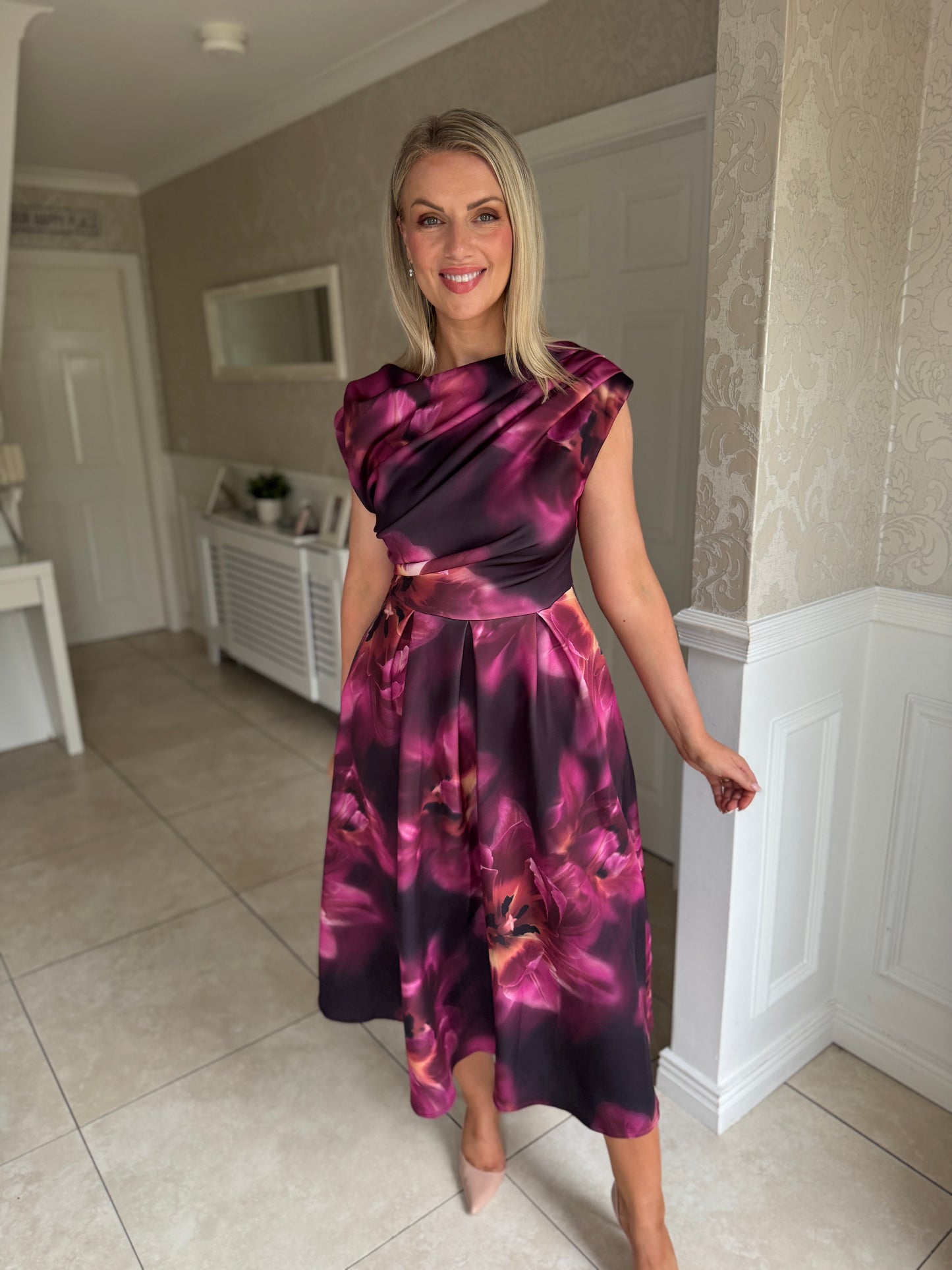 Betty Asymmetric Neckline Floral Skater Midi Dress Plum Floral