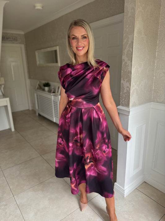 Betty Asymmetric Neckline Floral Skater Midi Dress Plum Floral