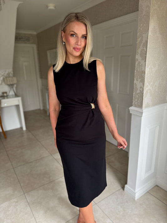 Louisa Gold Buckle Wrap detail Midi Dress Black
