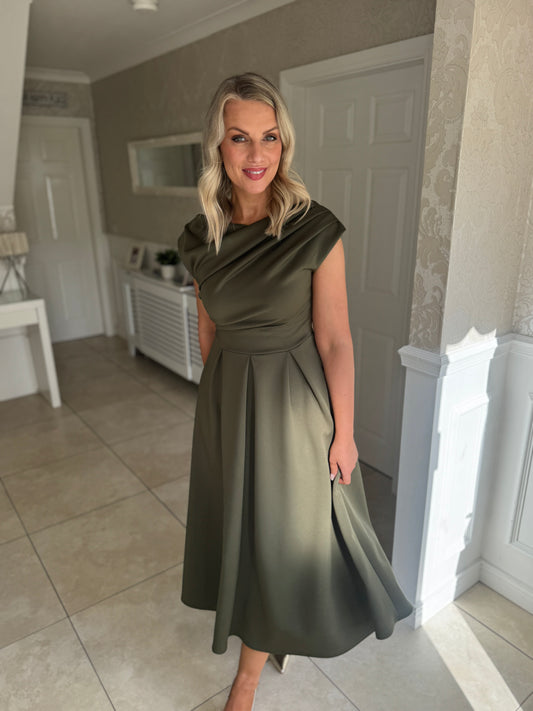 Betty Asymmetric Neckline Skater Midi Khaki Green