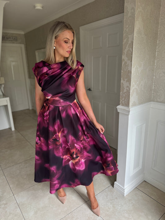 Betty Asymmetric Neckline Floral Skater Midi Dress Plum Floral