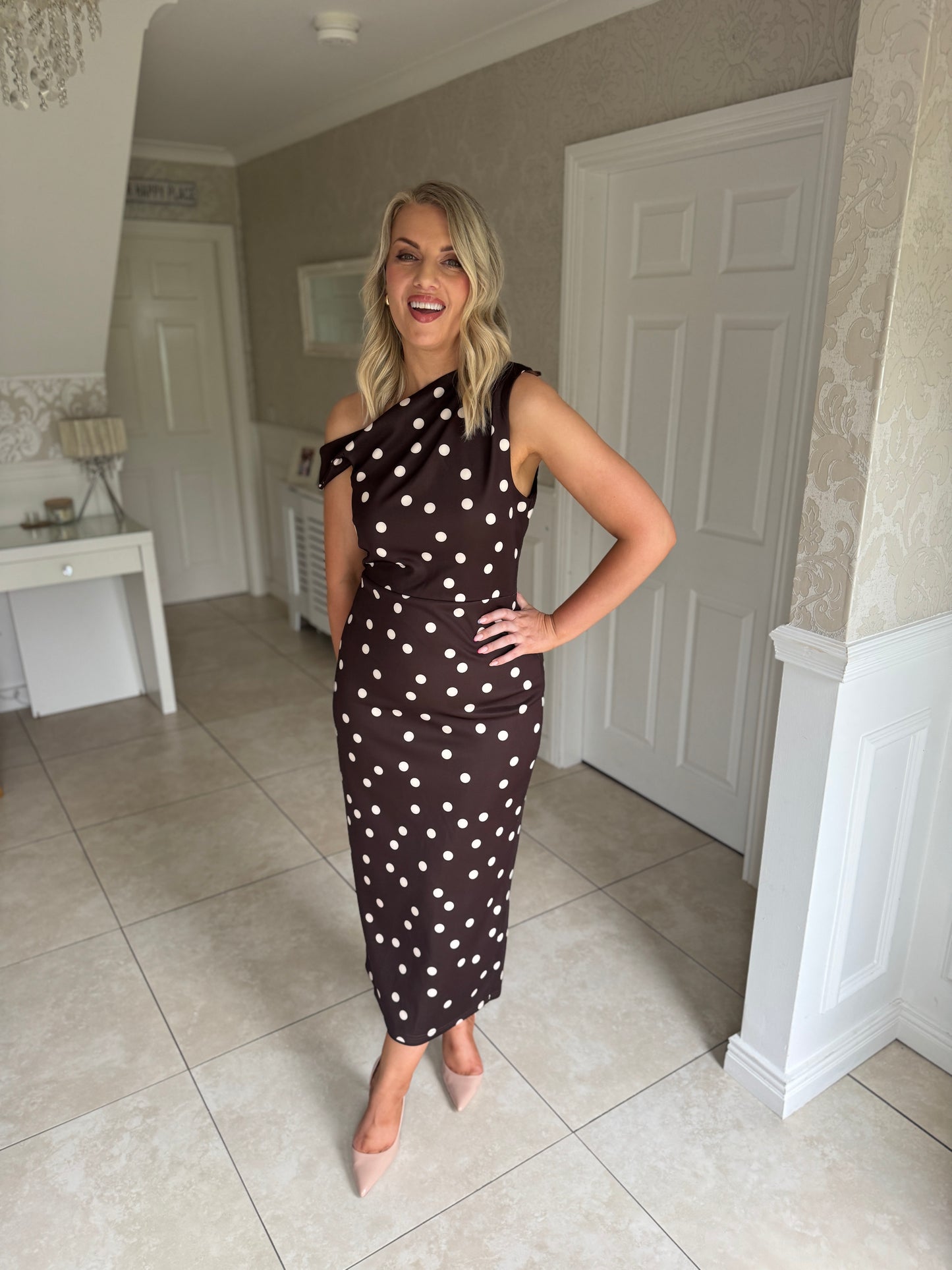 Chocolate Polka Dot Off The Shoulder Midi Dress