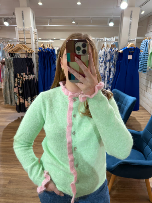 Frill Neck Cardigan- Green & Pink