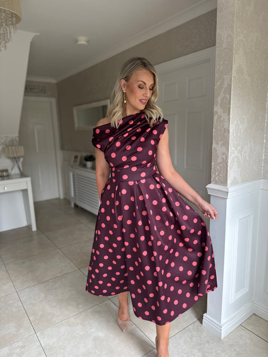 Betty Asymmetric Neckline Floral Skater Midi Dress Pink Polka