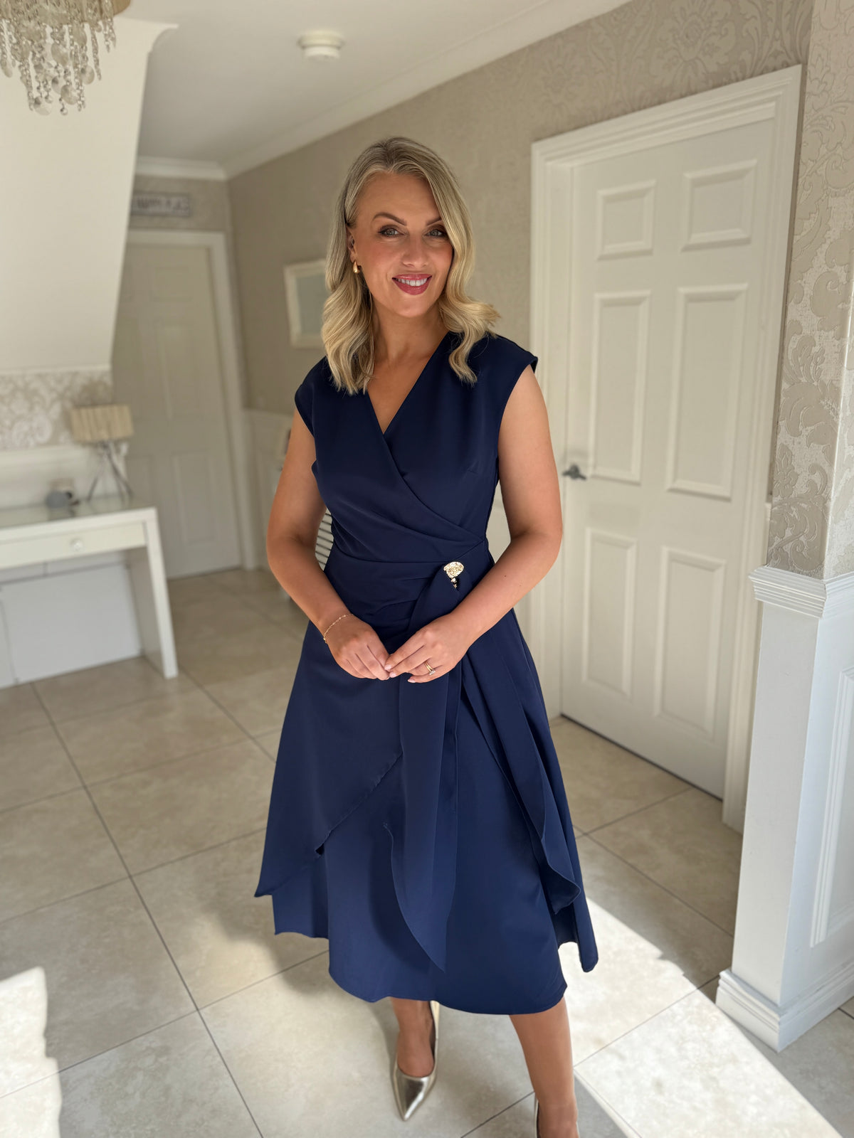 Annette Wrap Buckle Detail Midi Dress Navy