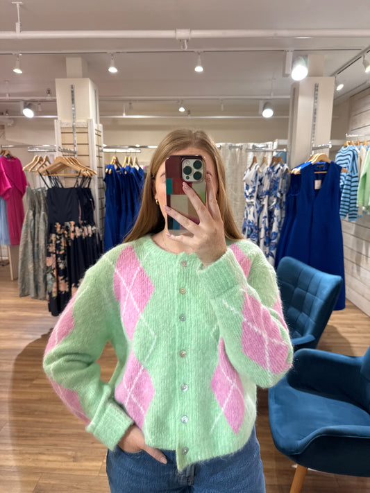 Argyle Wool Cardigan- Green & Pink