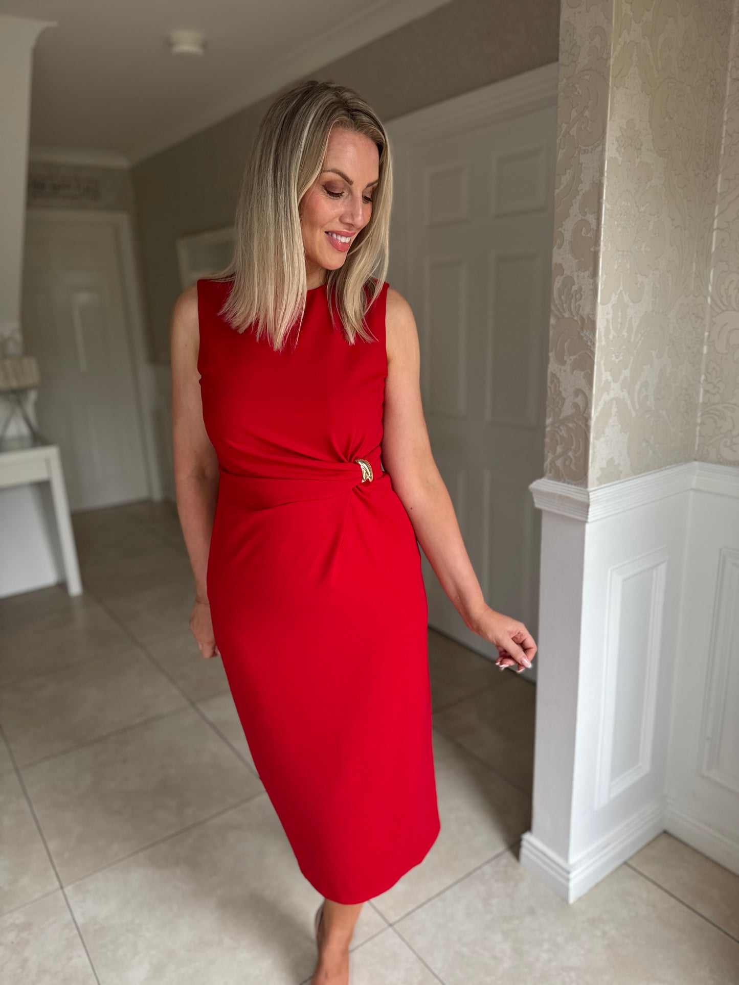 Louisa Gold Buckle Wrap detail Midi Dress Red
