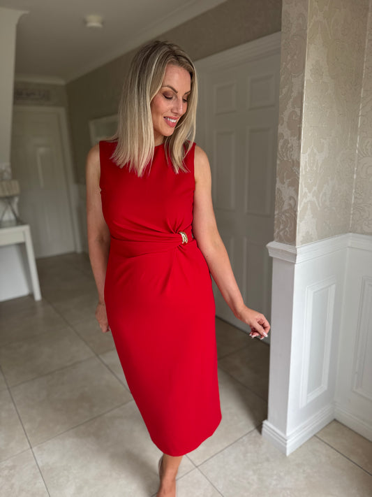 Louisa Gold Buckle Wrap detail Midi Dress Red